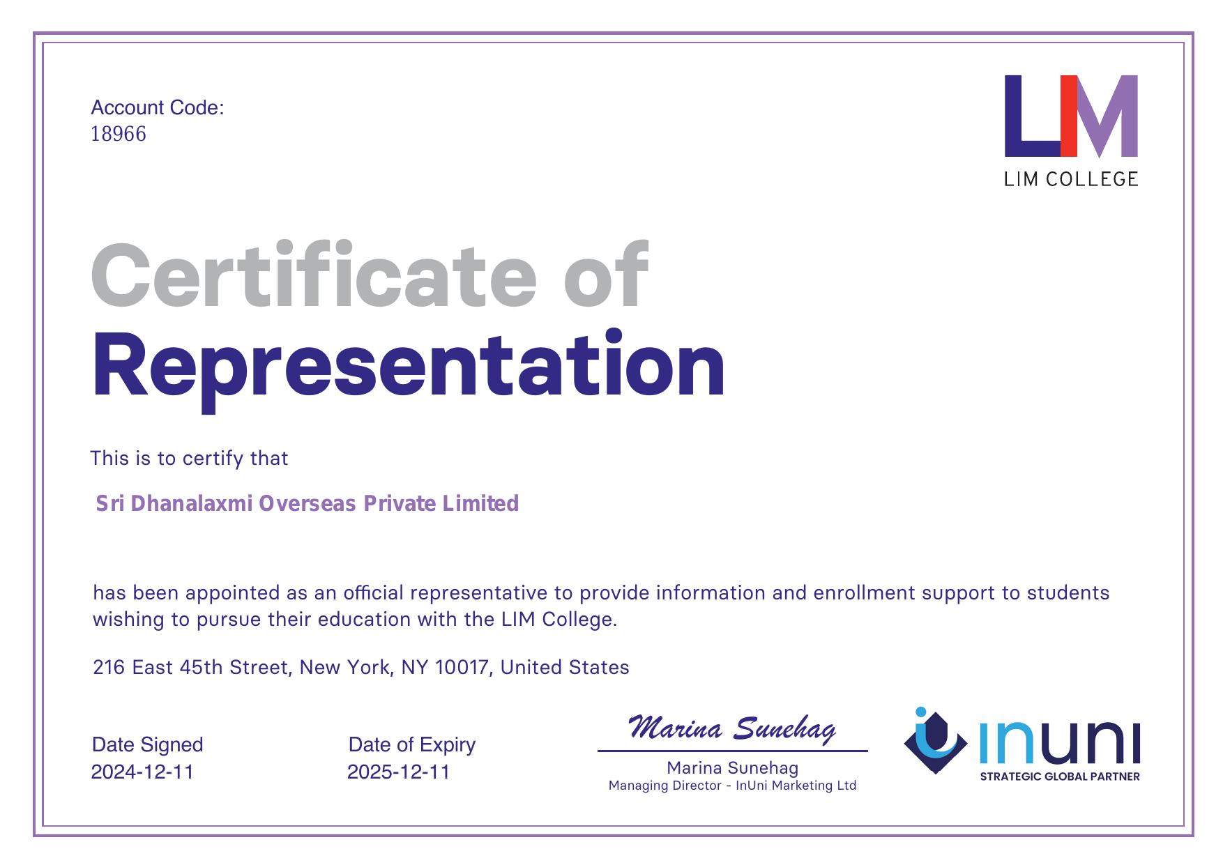 LIM College, New York — Certificate of Representation