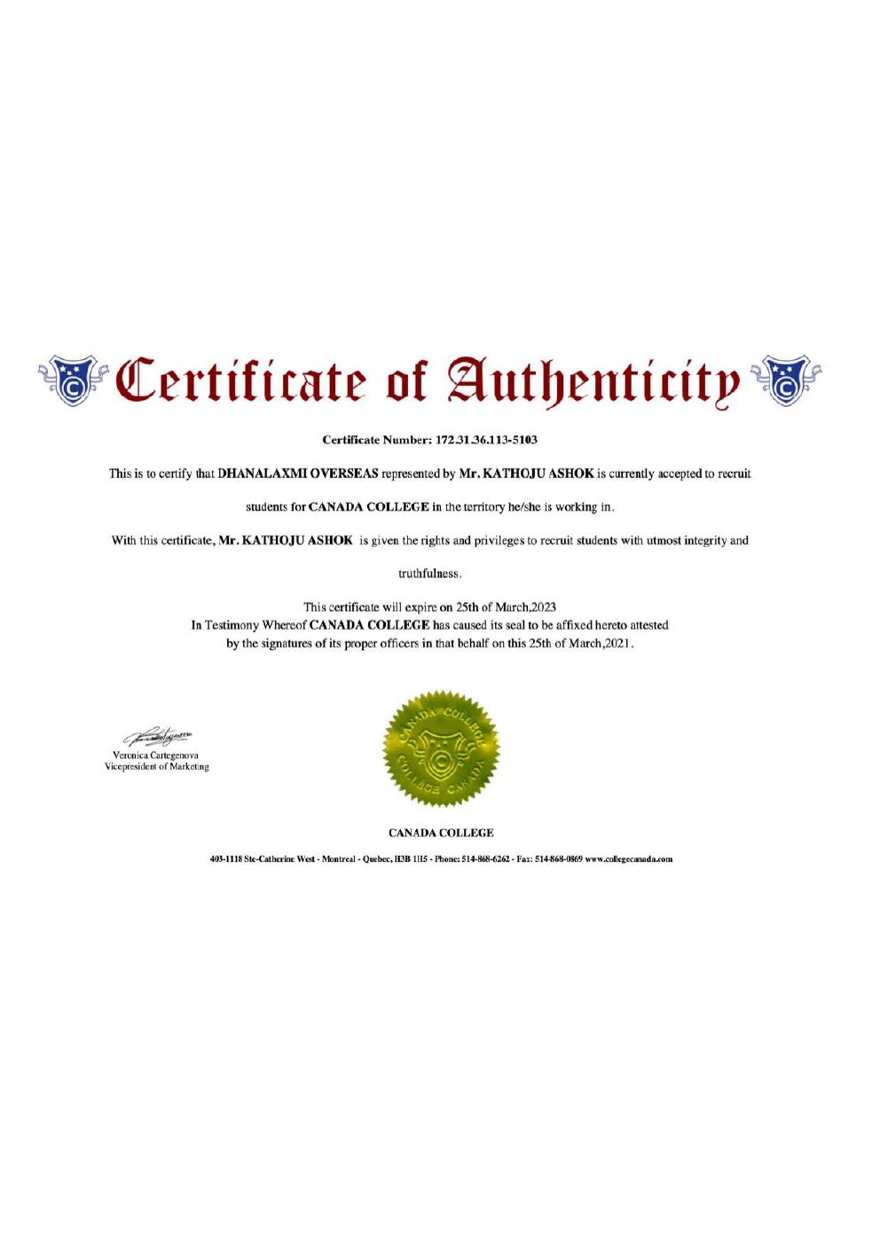 Canada College, Montreal — Certificate of Authenticity