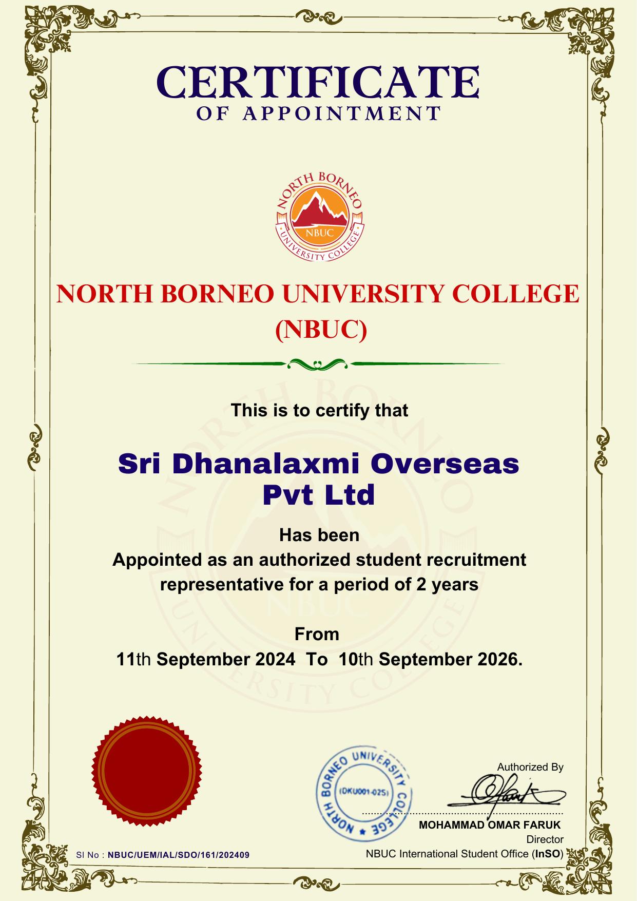North Borneo University College — Certificate of Appointment
