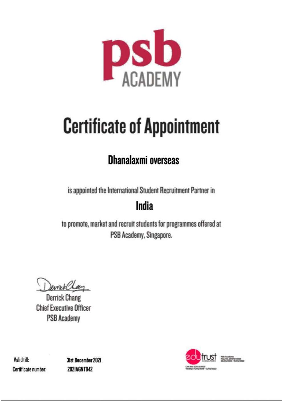 PSB Academy, Singapore — Certificate of Appointment