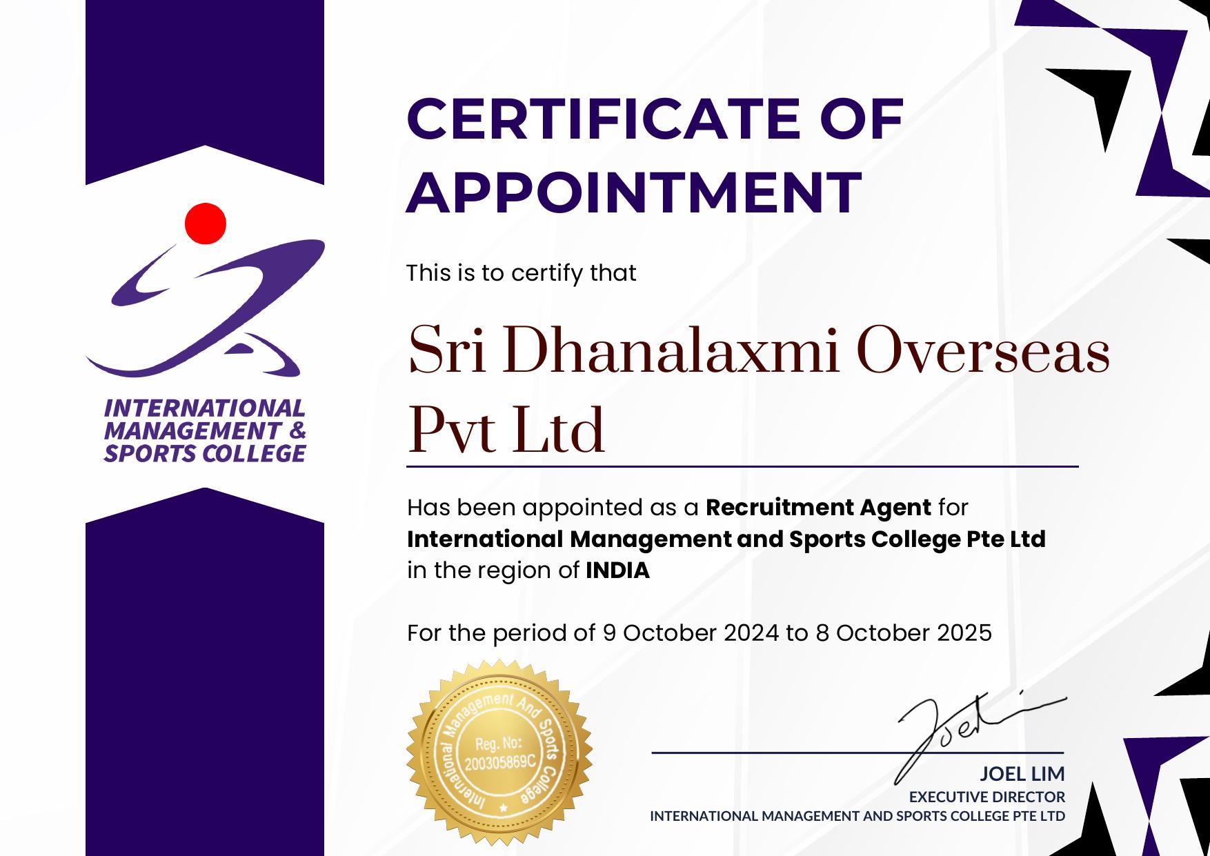 International Management & Sports College — Certificate of Appointment