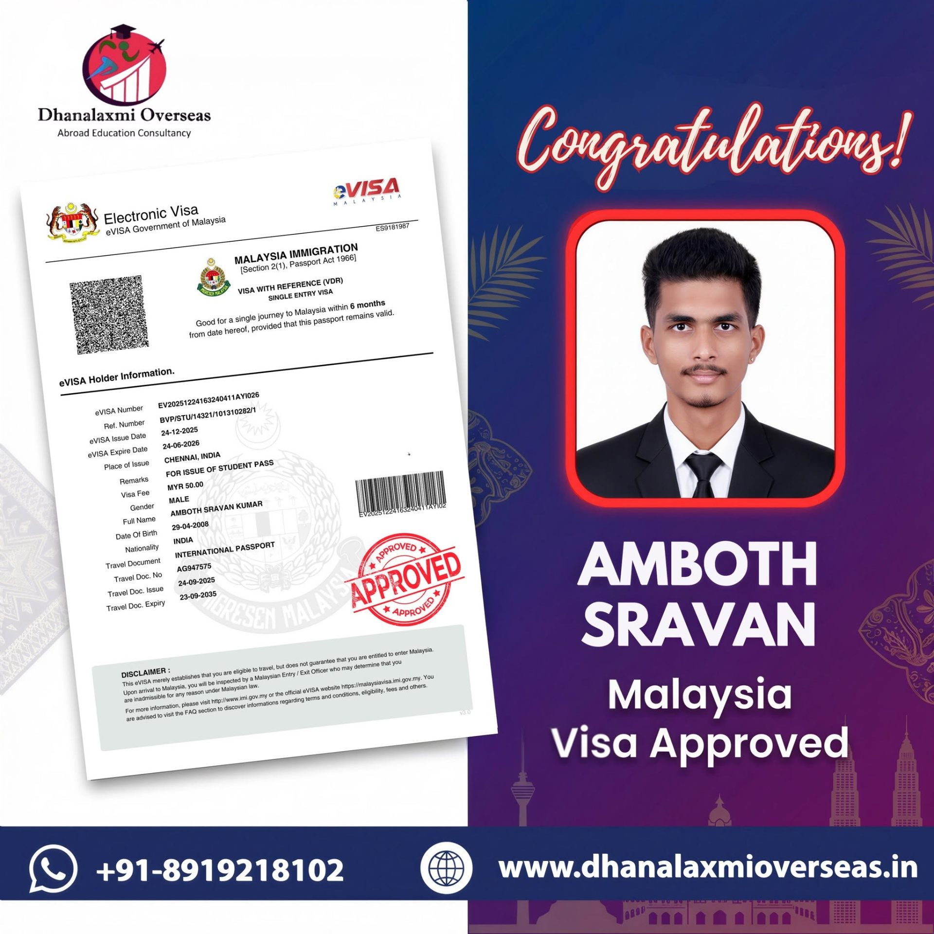 Amboth Sravan — Malaysia visa approved
