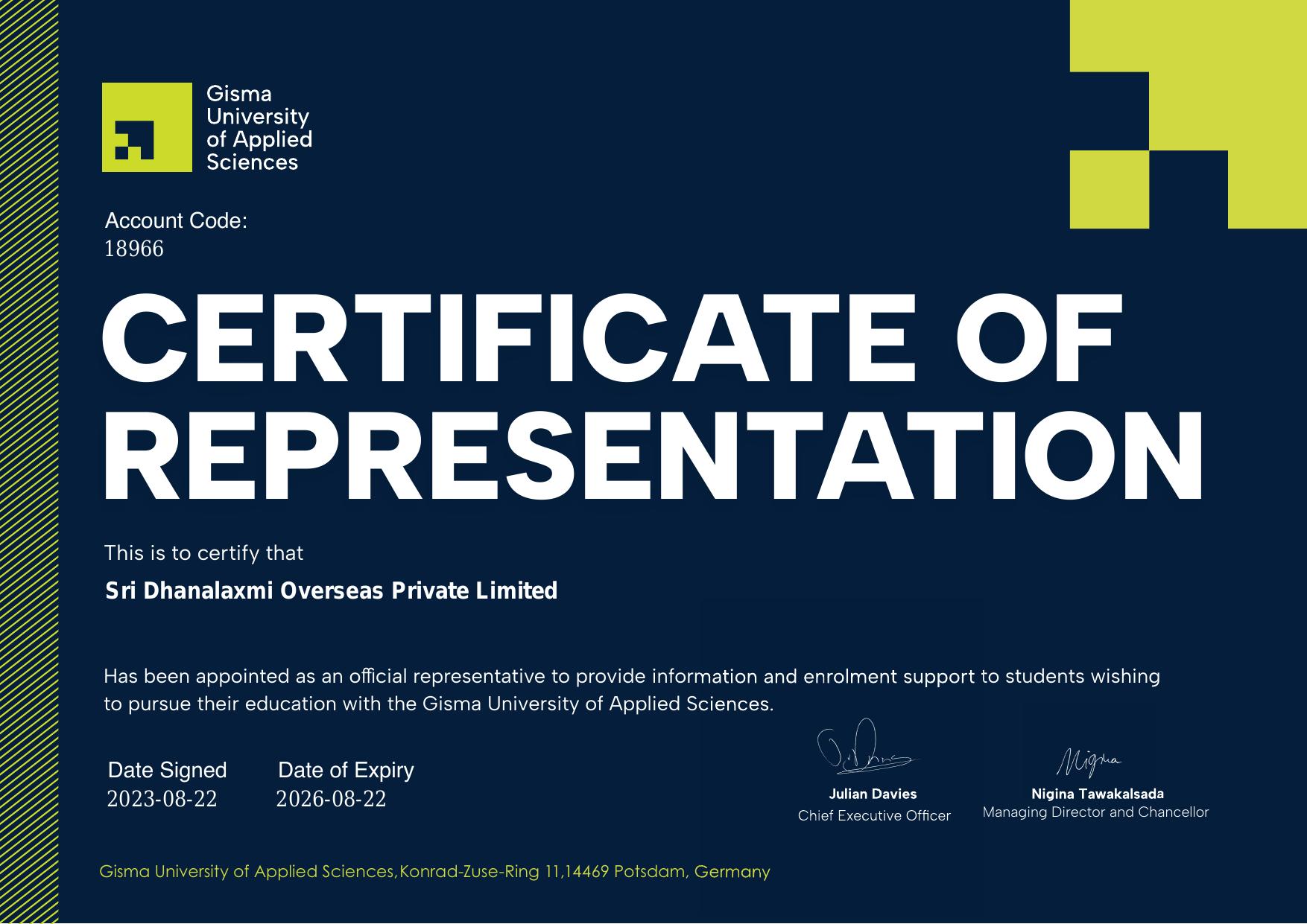 GISMA University of Applied Sciences — Certificate of Representation