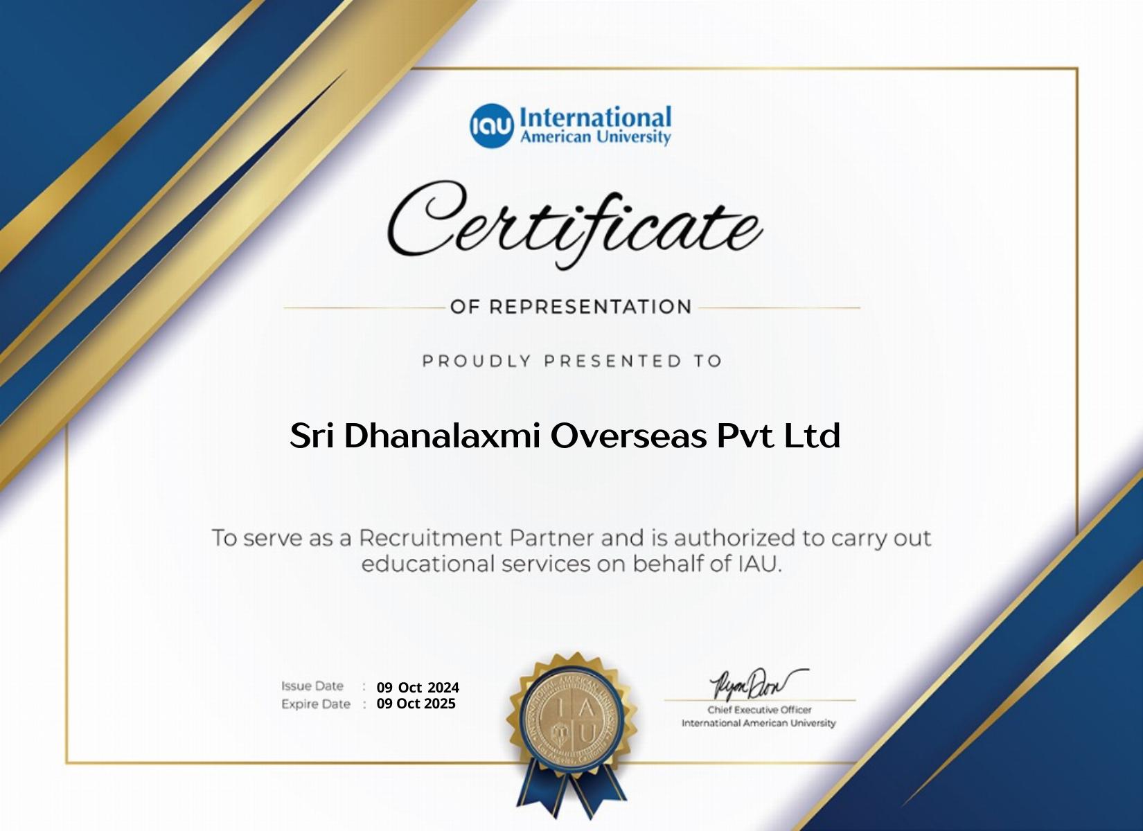 International American University — Certificate of Representation