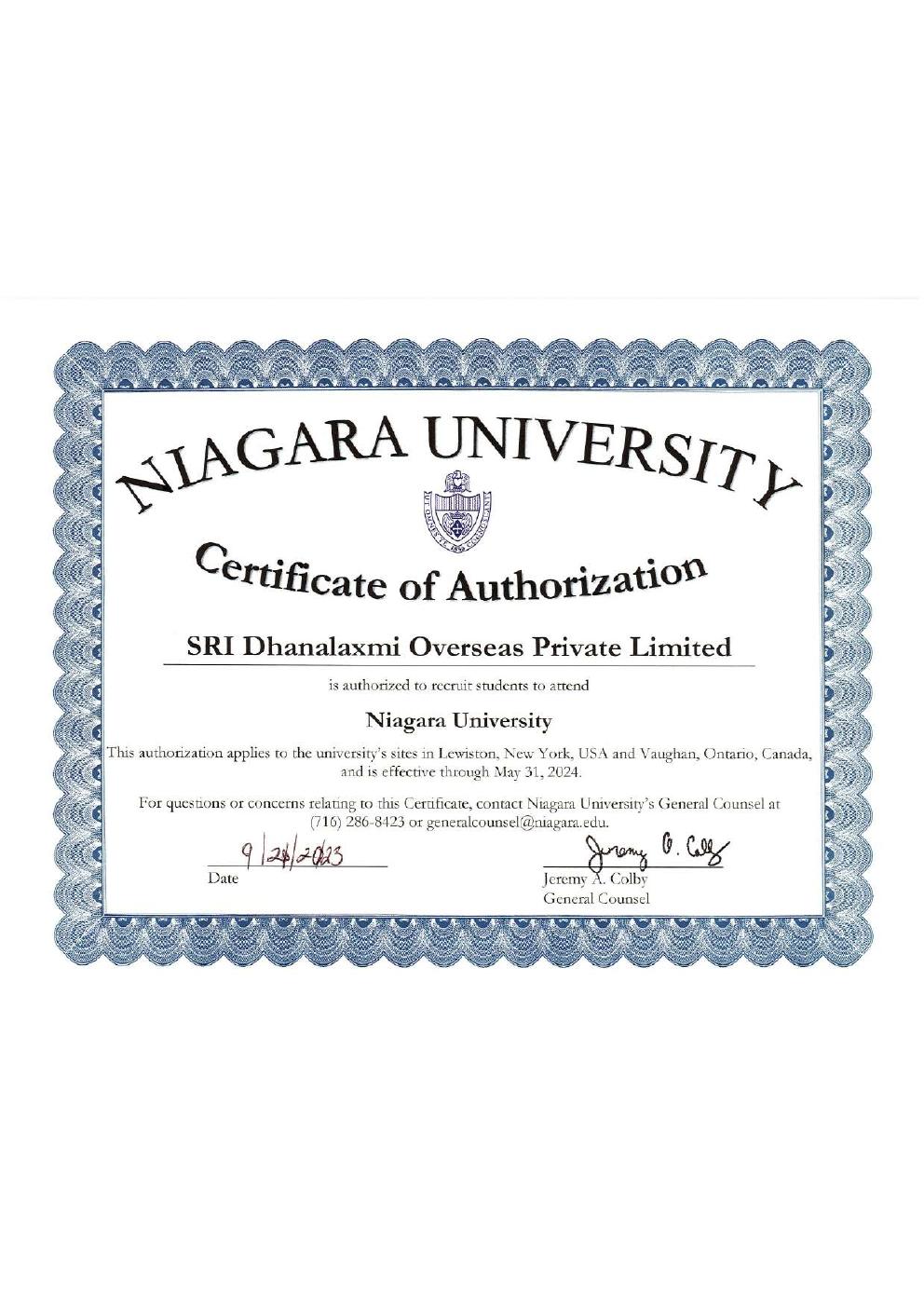 Niagara University — Certificate of Authorization